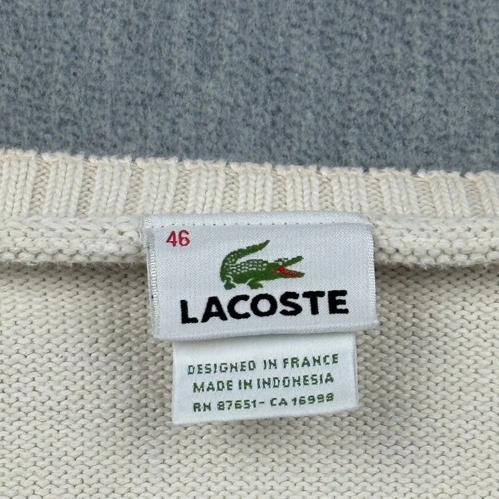 Vintage Lacoste Sweater Mens 46 Small Creme Knit V-Neck Ribbed Pullover Croc - Picture 3 of 11